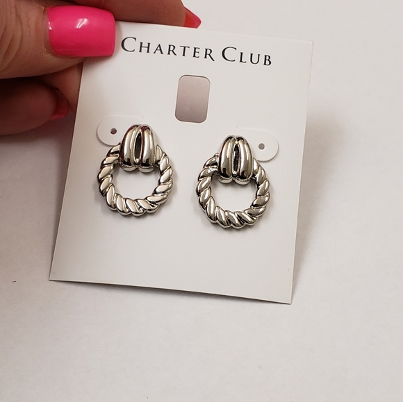 Charter Club, NWT, silver tone twist knot door knocker pierced post earrings - Picture 6 of 7